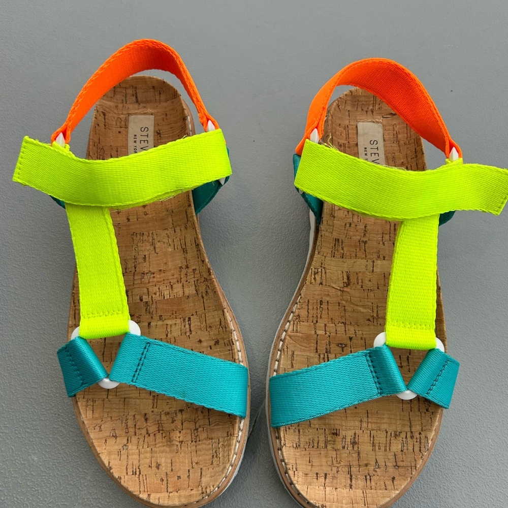 Steve Madden Neon Green Teal Orange Cork Strap Sandals